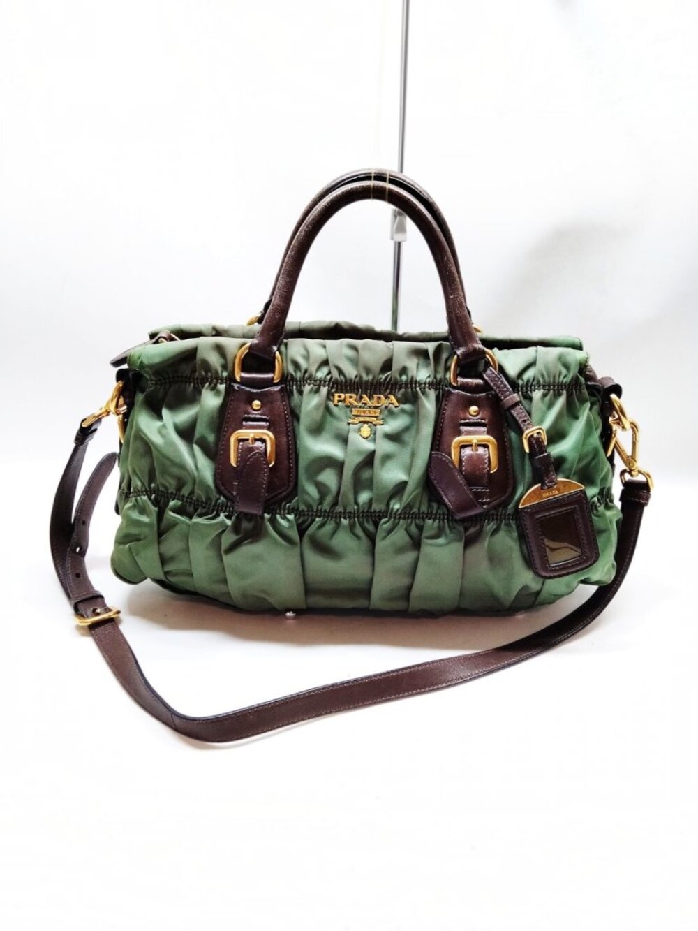 Prada Vintage Tessuto Gaufre Ruched Nylon 2-Way Satchel - Olive Green